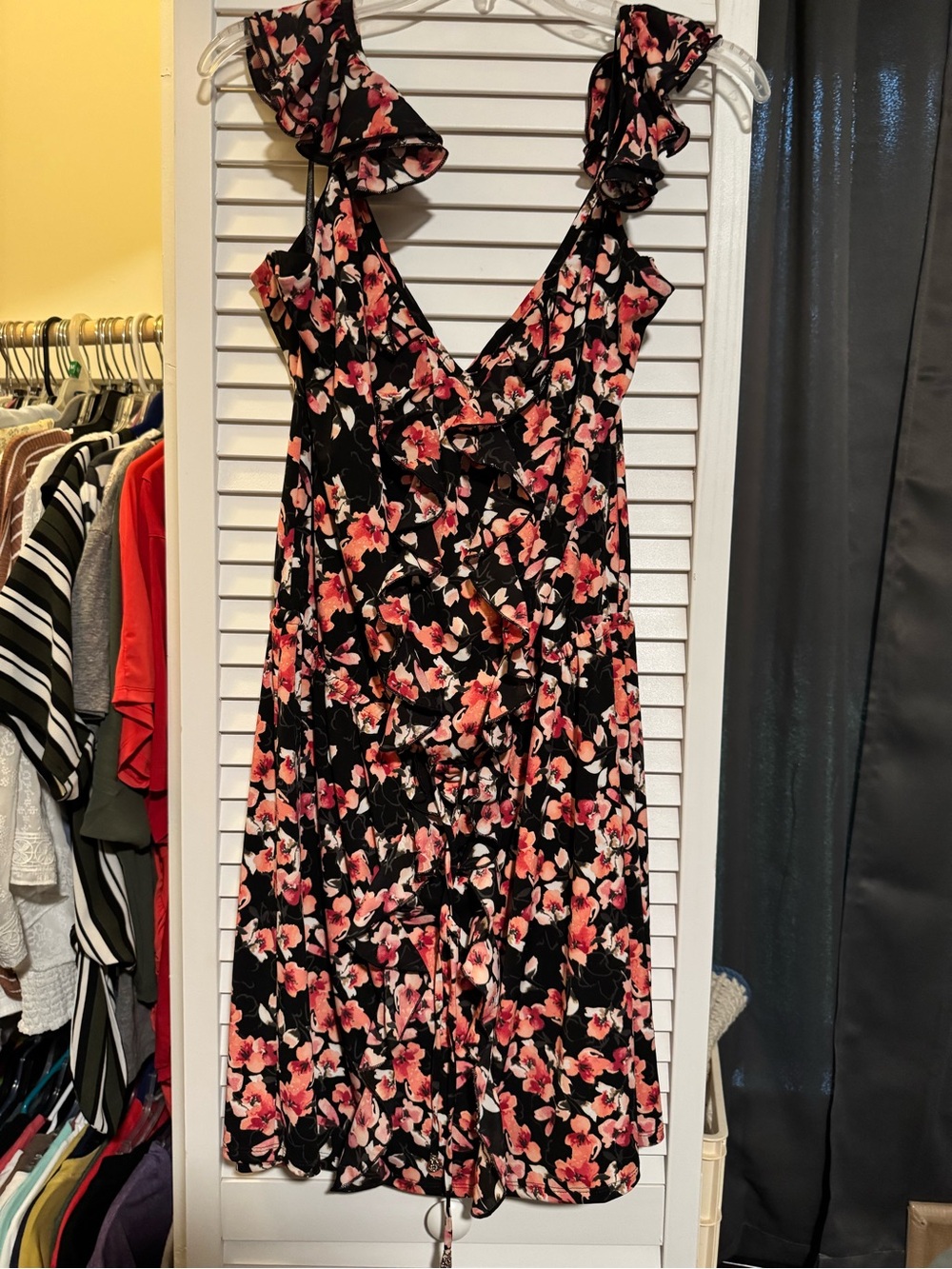 White House Black Market Black Midi Dress with Pink Floral Print